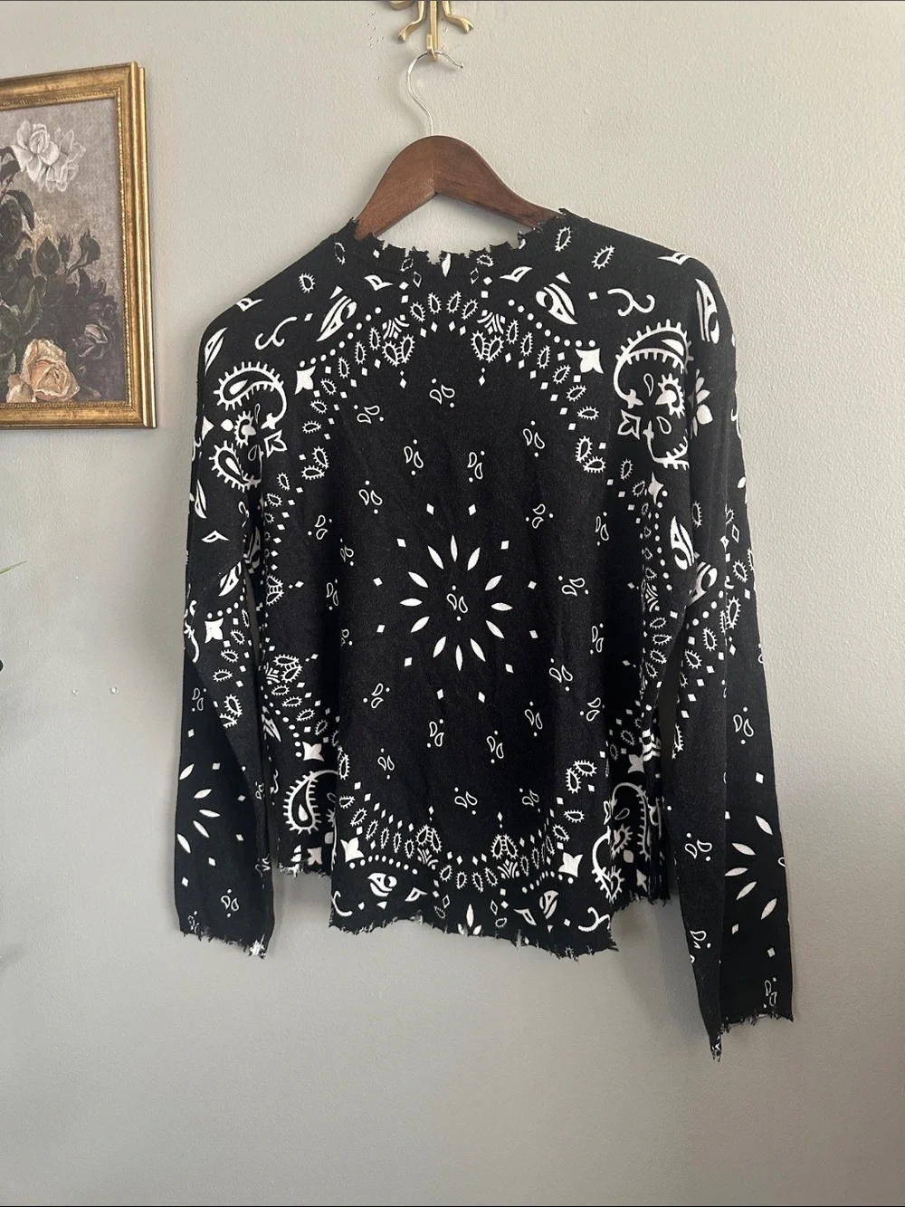 Charlie B Bandana Print Distressed Knit Sweater Black White Frayed Trim S